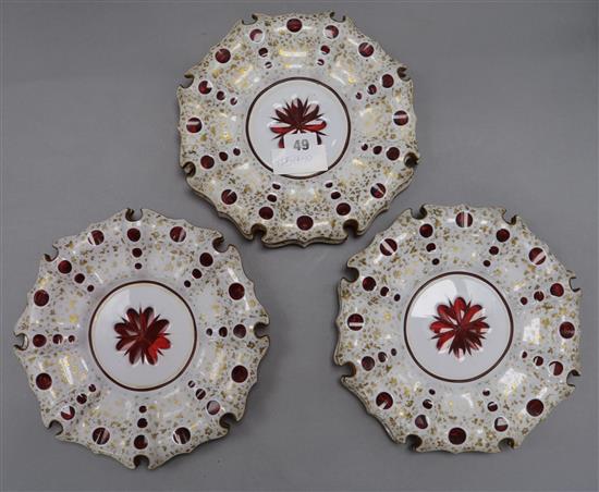 A set of six Bohemian overlay ruby glass plates, diameter 23cm